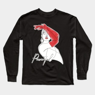 Fashion illustration of a woman with red gloves and the word powerful Long Sleeve T-Shirt